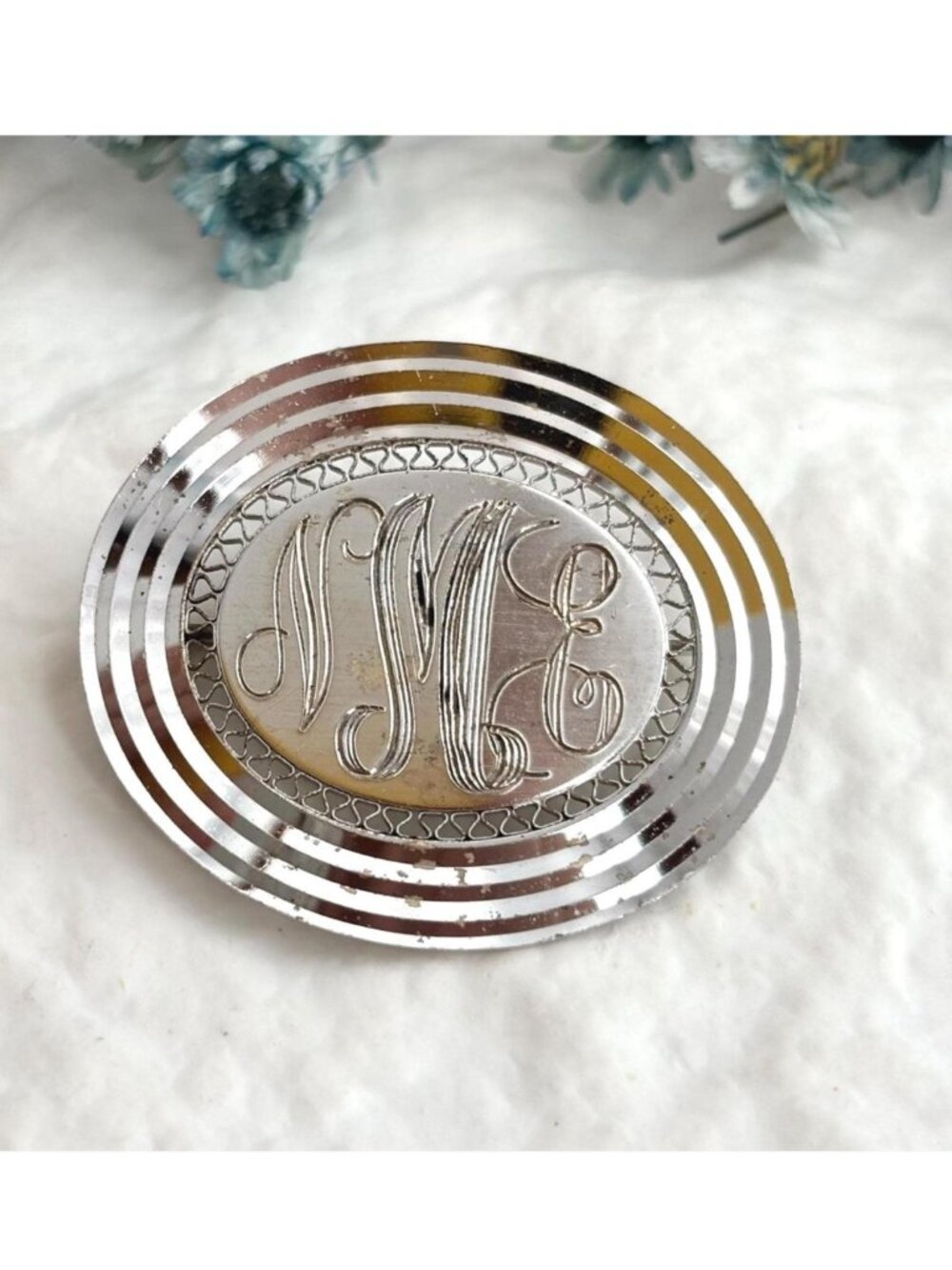 Lamode Designer NME Monogrammed Filigree Sterling Silver 925 Vintage Brooch